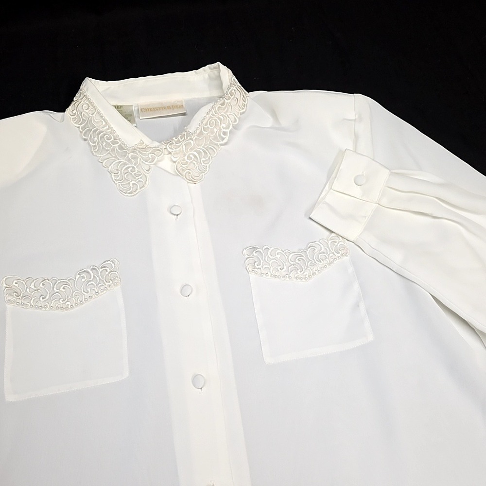 Christie‎ & Jill Blouse Women 16P White Lace Collar Pearl Button Down Vintage